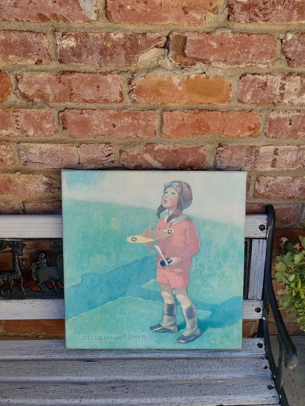 Vintage Child Pilot Canvas Art in Teal and Red